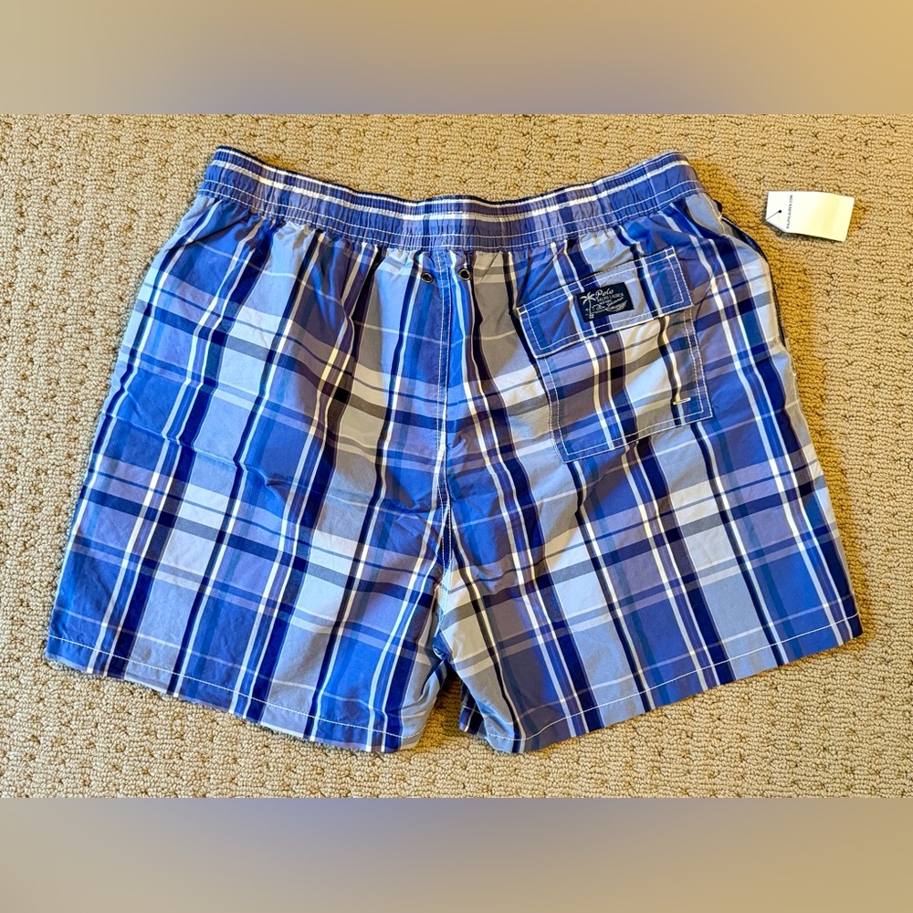 NWT Ralph Lauren Men's Blue Plaid Drawstring Swim Trunks, Sz XXL - Picture 2 of 5